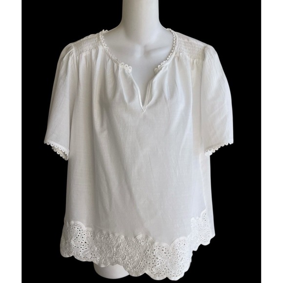 Hester & Orchard Tops - Hester & Orchard White Short Sleeve 100% Cotton Top Blouse Eyelet Trim Small NWT